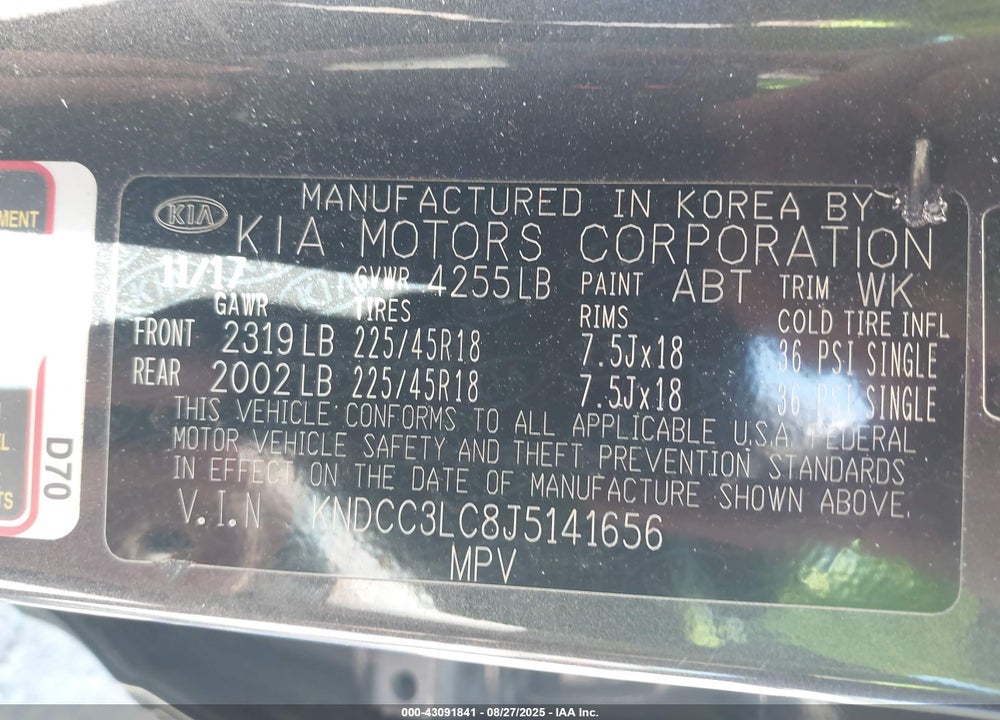 2018 KIA NIRO VIN: KNDCC3LC8J5141656