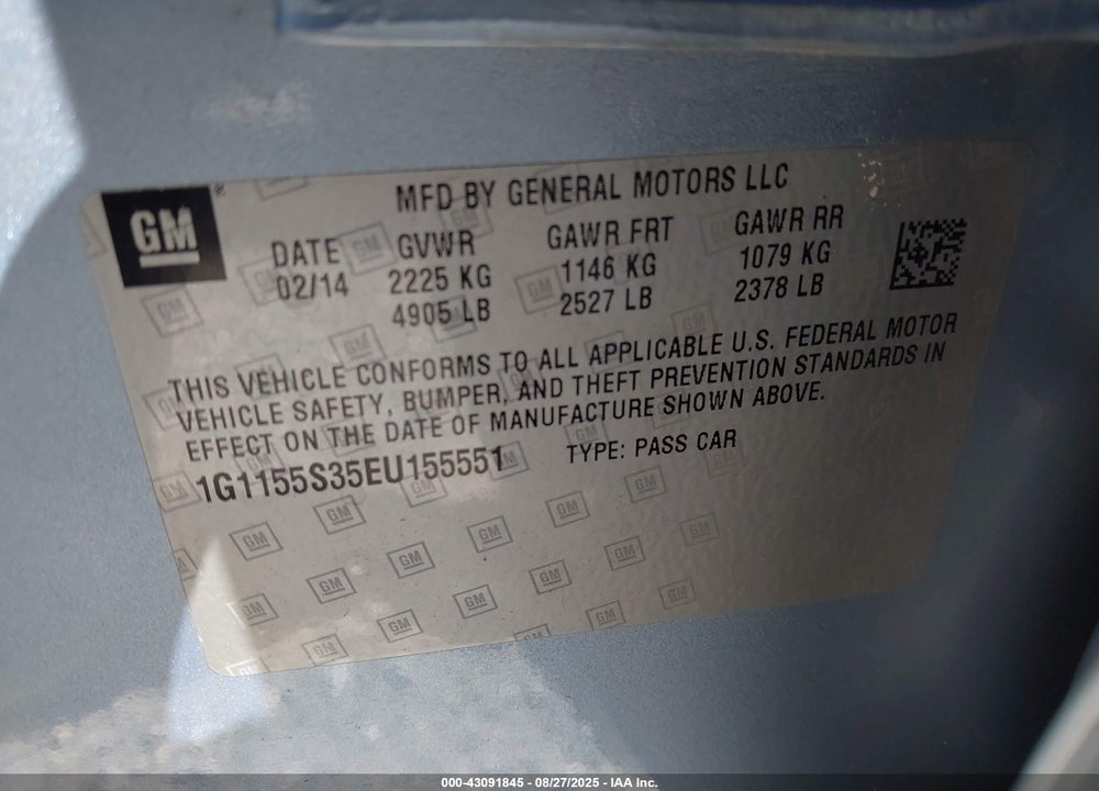 2014 CHEVROLET IMPALA VIN: 1G1155S35EU155551