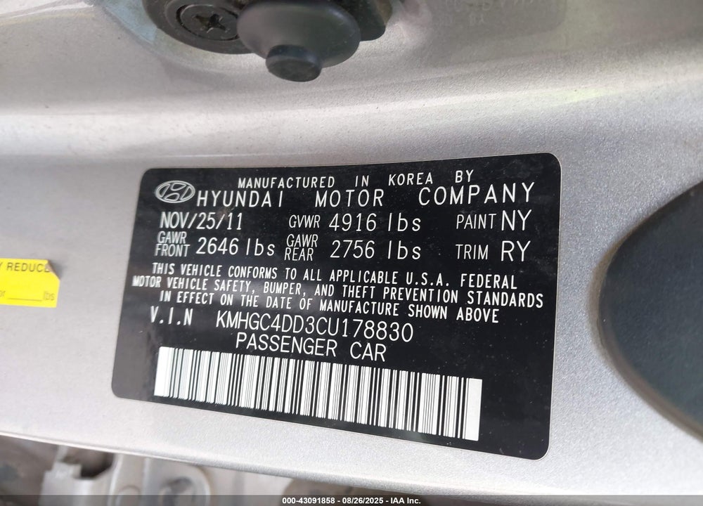 2012 HYUNDAI GENESIS VIN: KMHGC4DD3CU178830
