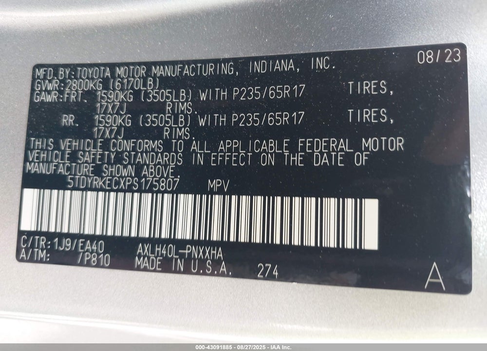 2023 TOYOTA SIENNA XLE VIN: 5TDYRKECXPS175807