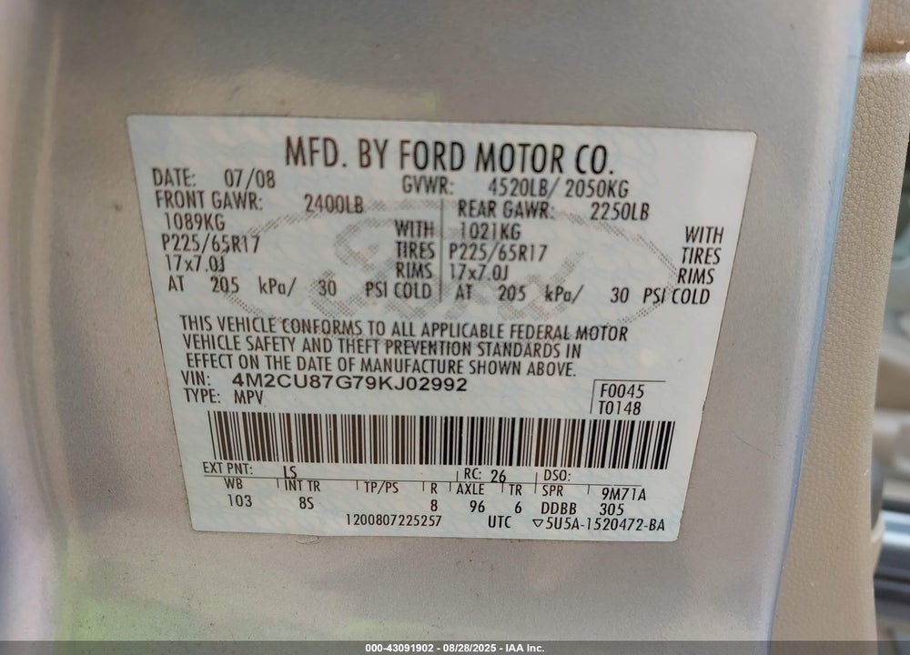 2009 MERCURY MARINER VIN: 4M2CU87G79KJ02992