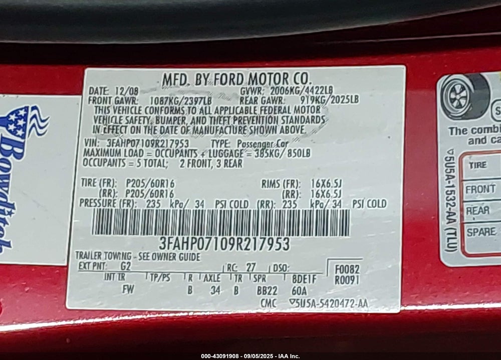 2009 FORD FUSION VIN: 3FAHP07109R217953