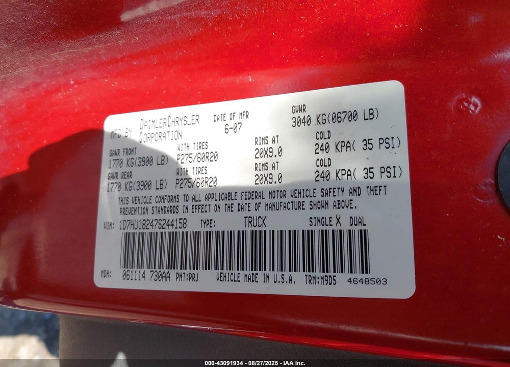 2007 DODGE RAM 1500 VIN: 1D7HU18247S244158