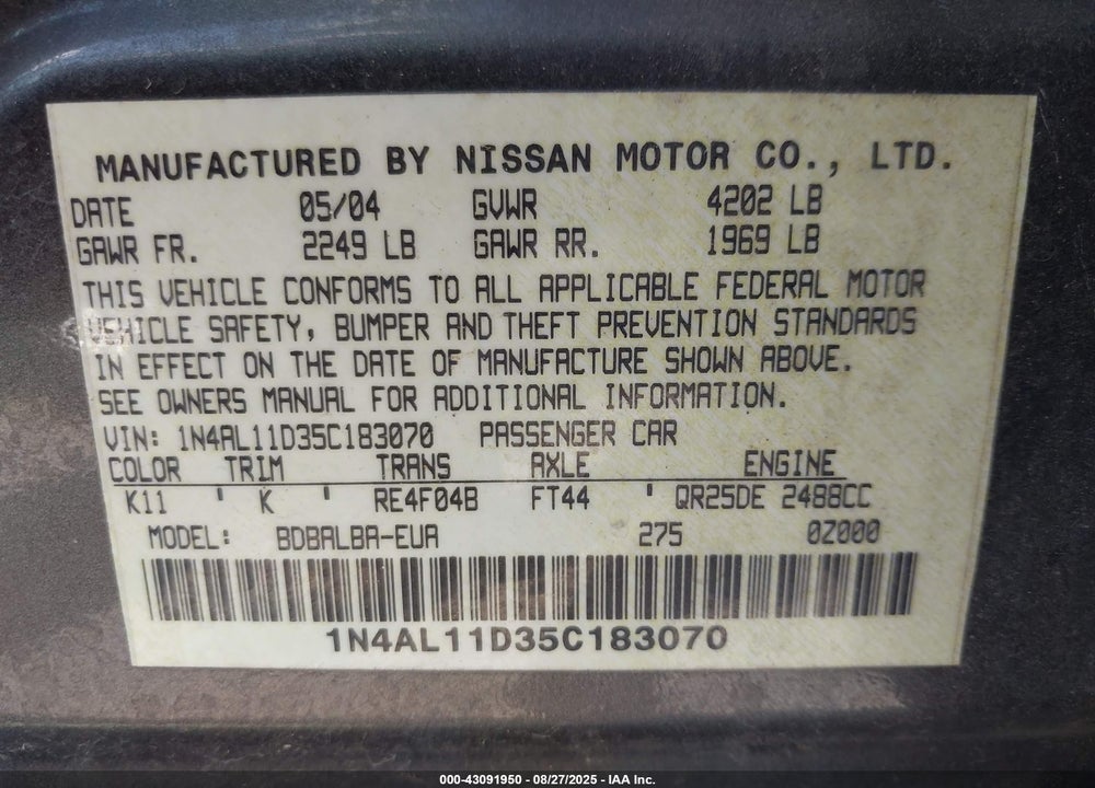 2005 NISSAN ALTIMA 2.5 S VIN: 1N4AL11D35C183070