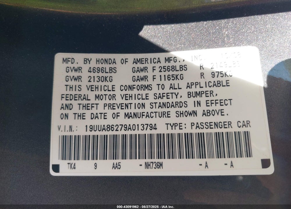 2009 ACURA TL VIN: 19UUA86279A013794