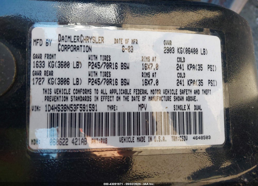 2003 DODGE DURANGO SPORT/SXT VIN: 1D4HS38N53F591591