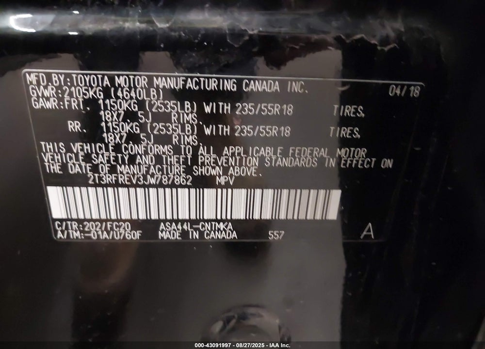 2018 TOYOTA RAV4 VIN: 2T3RFREV3JW787862