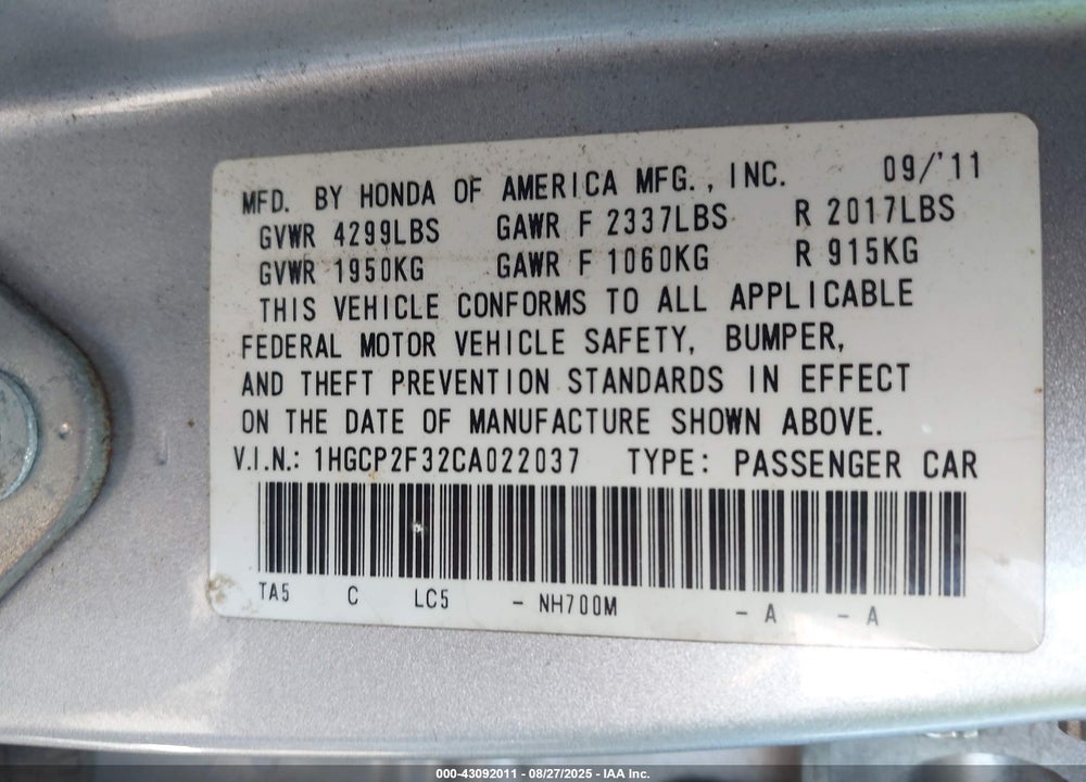 2012 HONDA ACCORD VIN: 1HGCP2F32CA022037