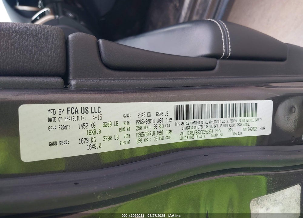 2015 JEEP GRAND CHEROKEE LIMITED VIN: 1C4RJFBG3FC852254