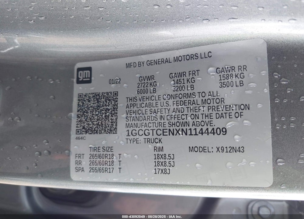 2022 CHEVROLET COLORADO 4WD SHORT BOX LT VIN: 1GCGTCENXN1144409
