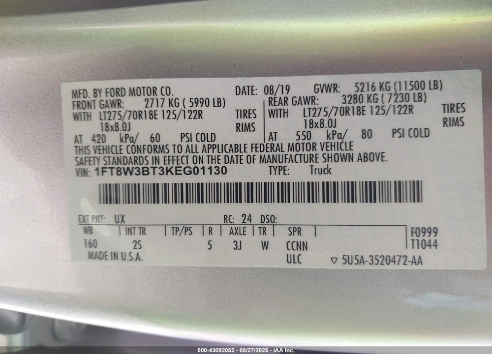 2019 FORD F-350 XLT VIN: 1FT8W3BT3KEG01130