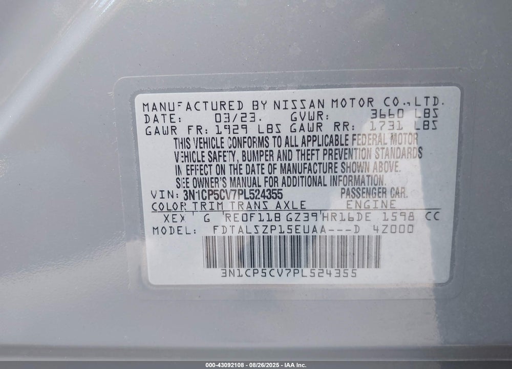 2023 NISSAN KICKS VIN: 3N1CP5CV7PL524355