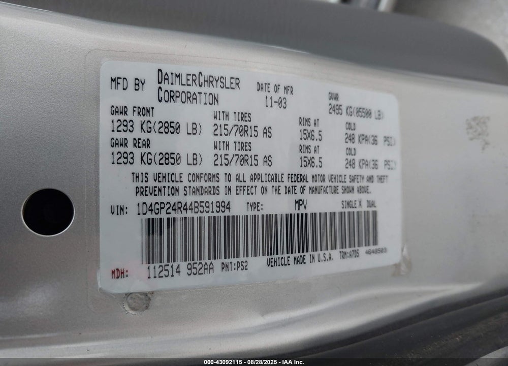 2004 DODGE GRAND CARAVAN SE VIN: 1D4GP24R44B591994