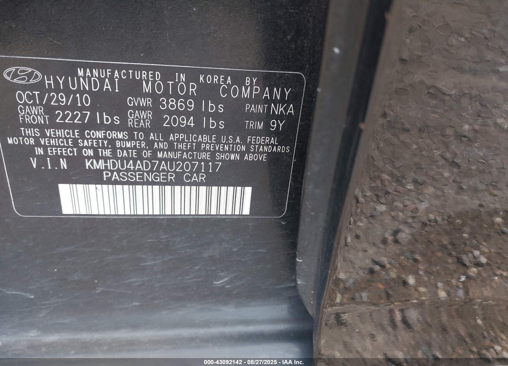 2010 HYUNDAI ELANTRA VIN: KMHDU4AD7AU207117