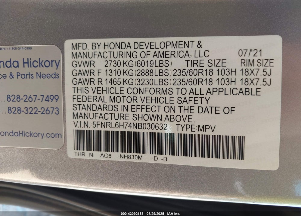 2022 HONDA ODYSSEY EX-L VIN: 5FNRL6H74NB030632