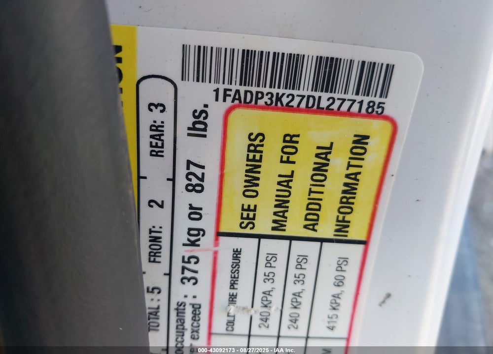 2013 FORD FOCUS VIN: 1FADP3K27DL277185