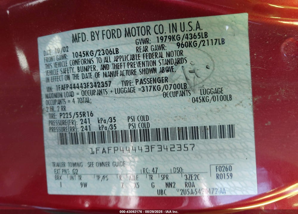 2003 FORD MUSTANG VIN: 1FAFP44443F342357