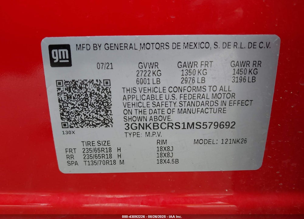 2021 CHEVROLET BLAZER VIN: 3GNKBCRS1MS579692