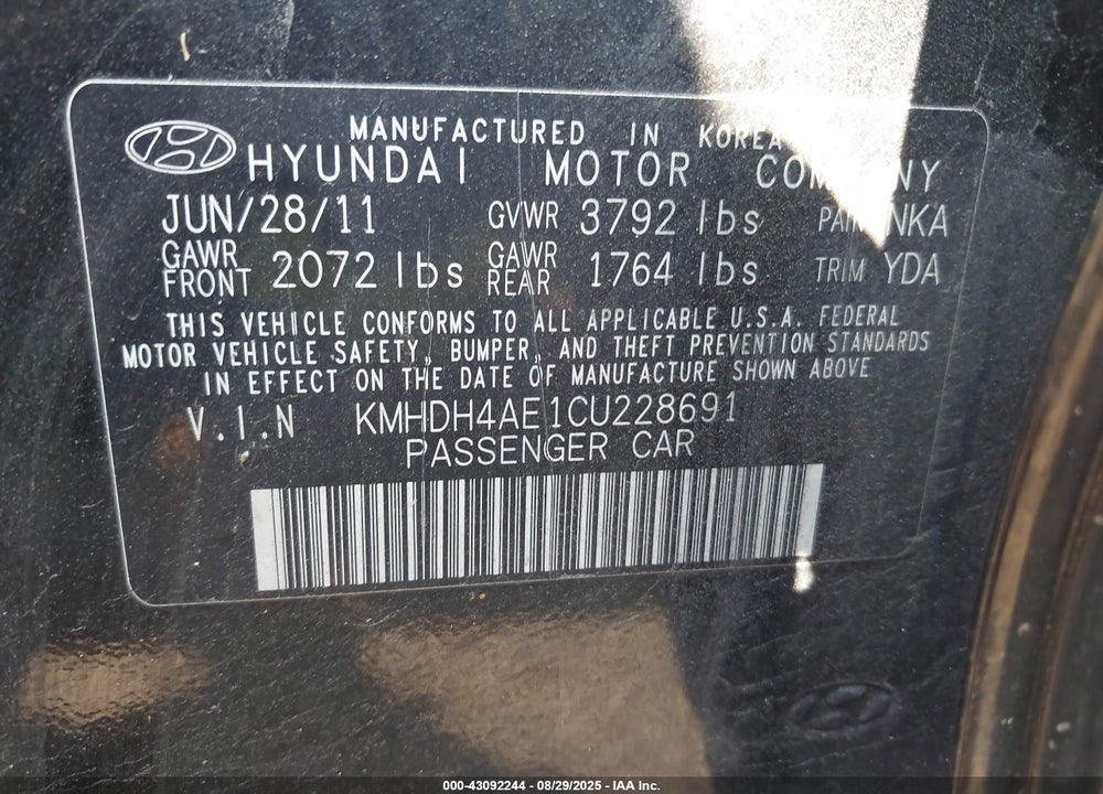 2012 HYUNDAI ELANTRA VIN: KMHDH4AE1CU228691