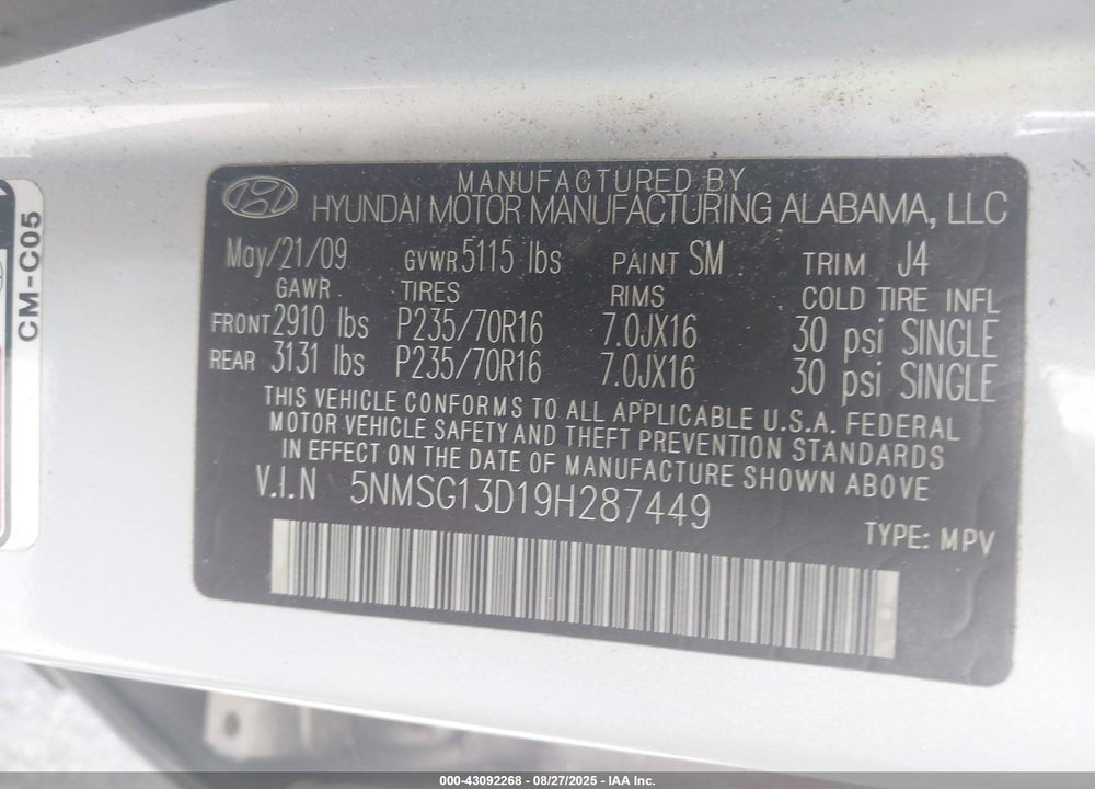 2009 HYUNDAI SANTA FE VIN: 5NMSG13D19H287449