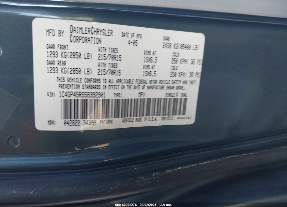 2005 CHRYSLER TOWN & COUNTRY VIN: 1C4GP45R55B392901