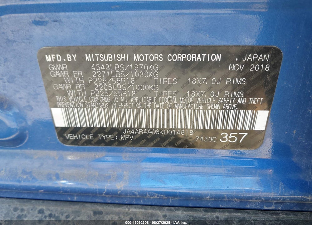 2019 MITSUBISHI OUTLANDER SPORT VIN: JA4AR4AW6KU014818