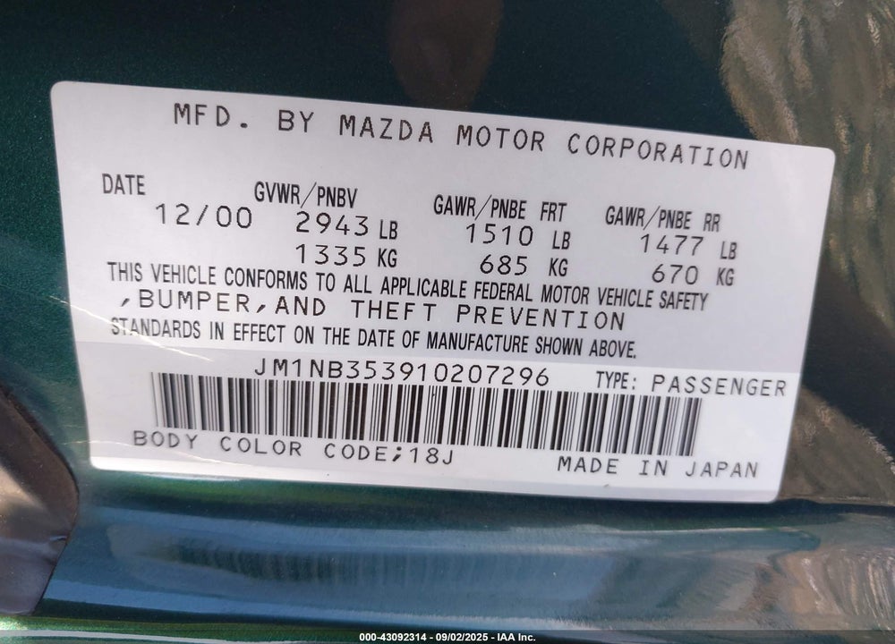 2001 MAZDA MX-5 MIATA LS/SPECIAL EDITION VIN: JM1NB353910207296