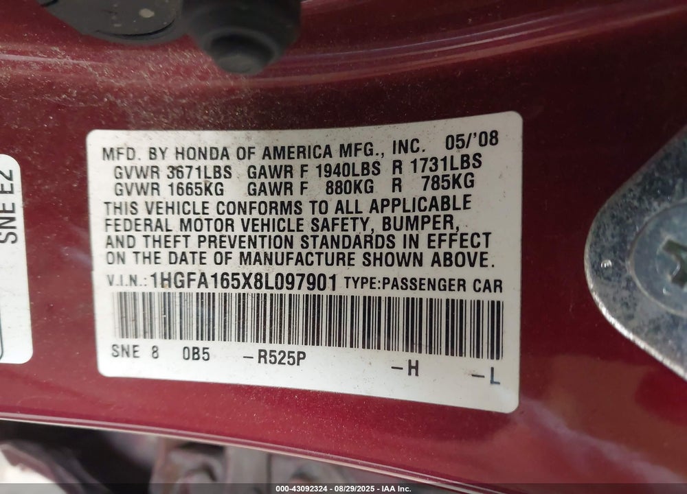 2008 HONDA CIVIC VIN: 1HGFA165X8L097901
