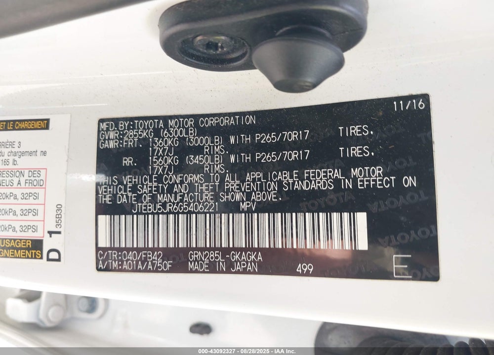 2016 TOYOTA 4RUNNER SR5 VIN: JTEBU5JR6G5406221