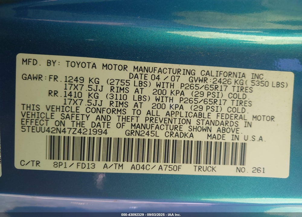 2007 TOYOTA TACOMA BASE V6 VIN: 5TEUU42N47Z421994