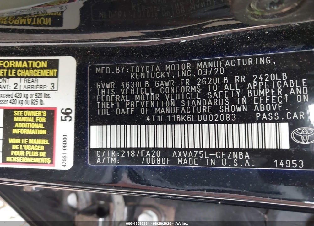 2020 TOYOTA CAMRY LE AWD VIN: 4T1L11BK6LU002083