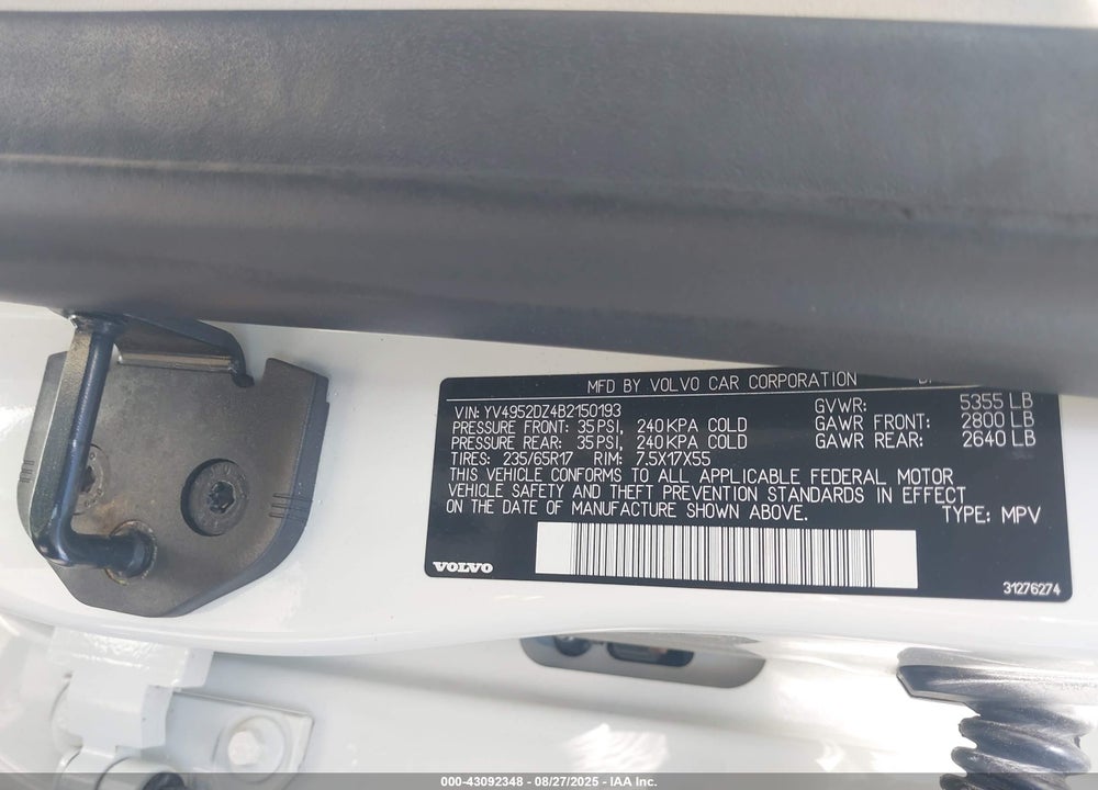 2011 VOLVO XC60 3.2/3.2 R-DESIGN VIN: YV4952DZ4B2150193