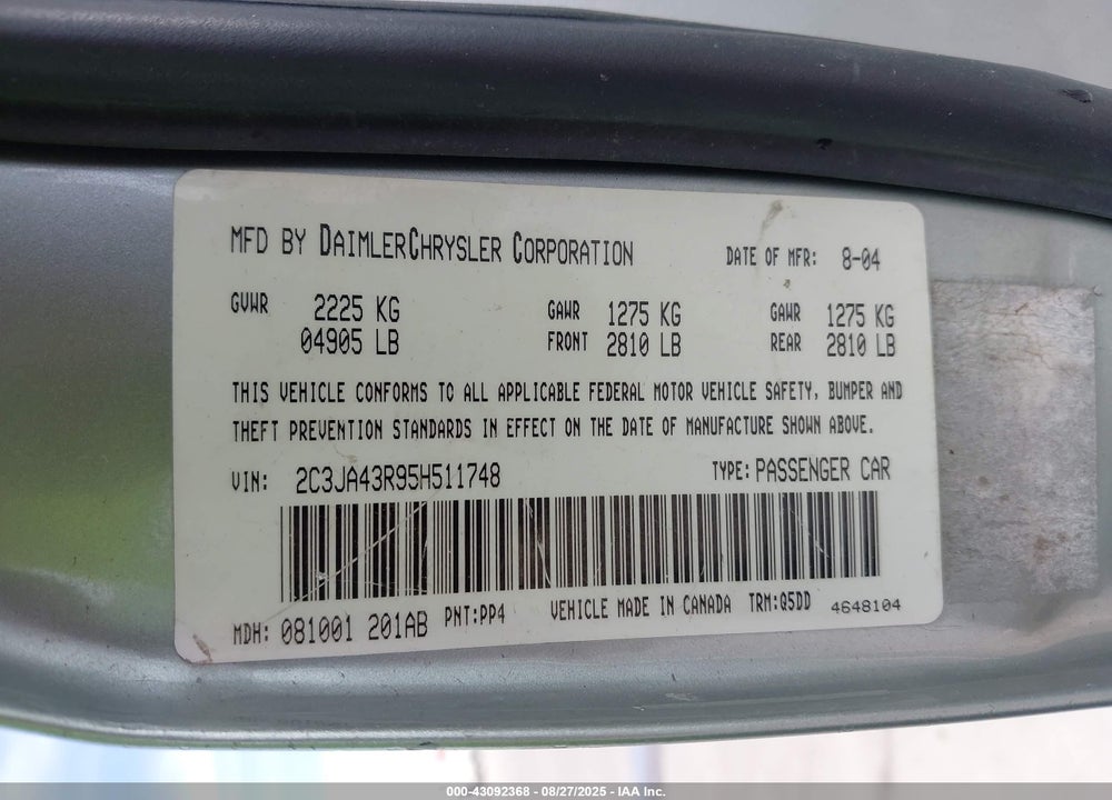 2005 CHRYSLER 300 VIN: 2C3JA43R95H511748
