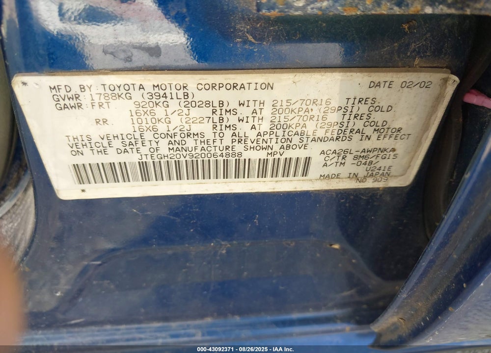 2002 TOYOTA RAV4 VIN: JTEGH20V920064888