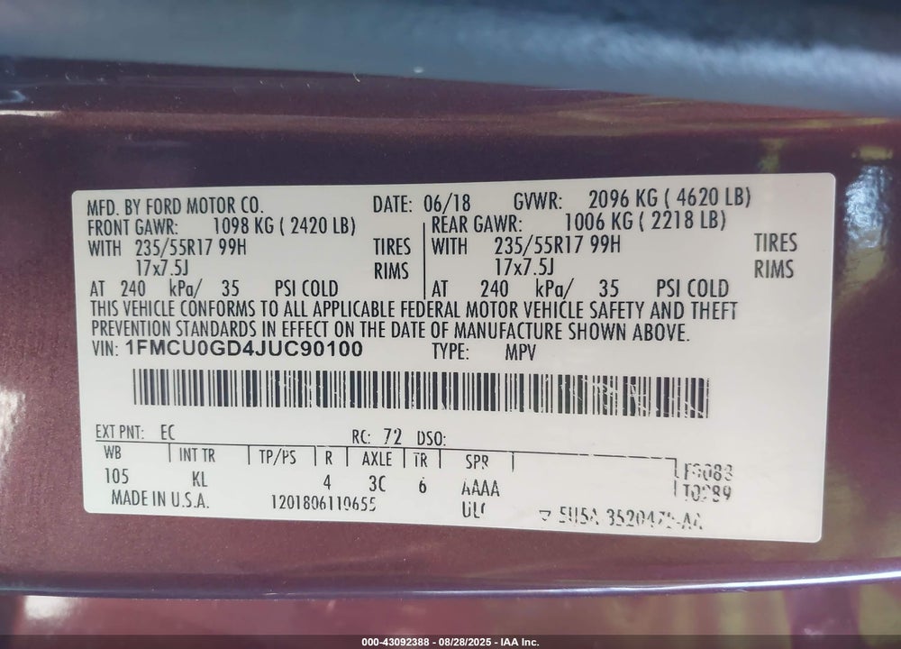 2018 FORD ESCAPE SE VIN: 1FMCU0GD4JUC90100