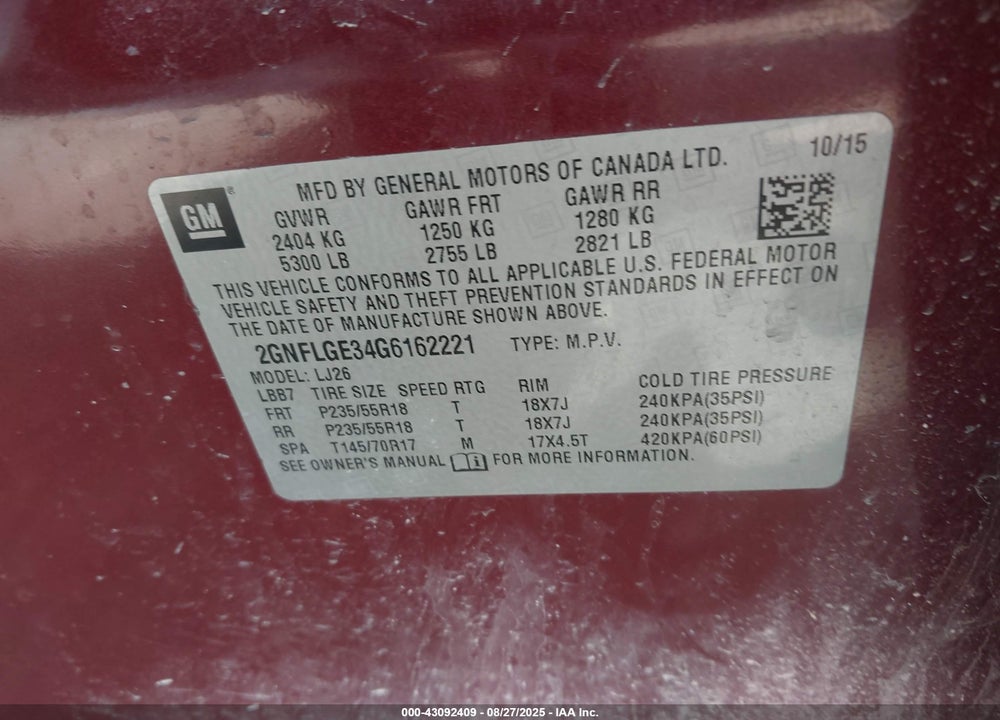 2016 CHEVROLET EQUINOX VIN: 2GNFLGE34G6162221