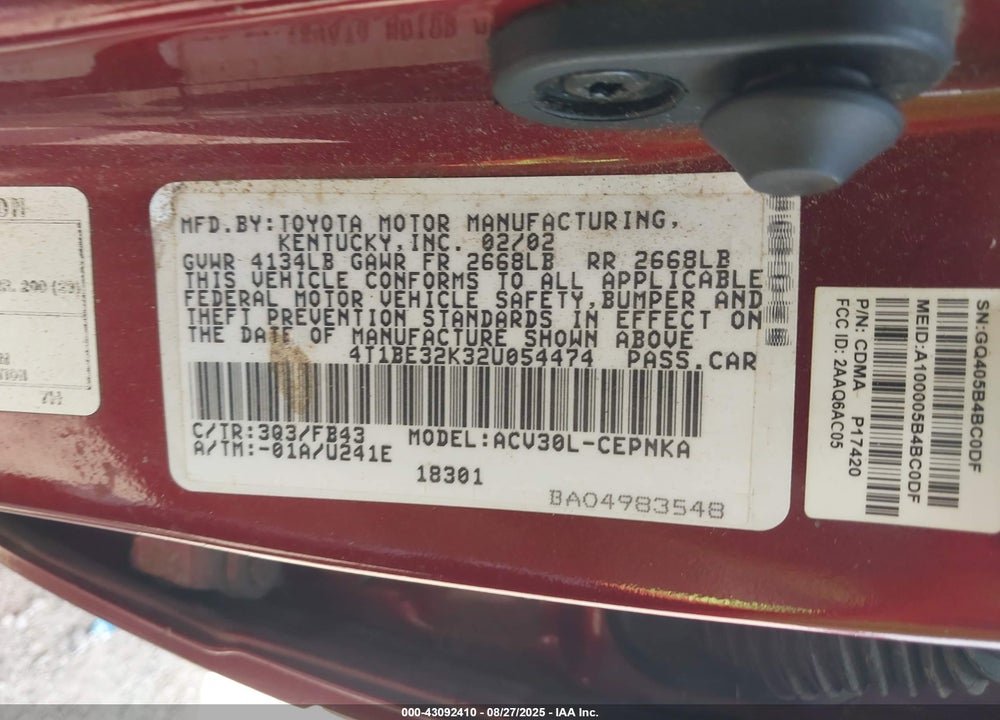 2002 TOYOTA CAMRY VIN: 4T1BE32K32U054474