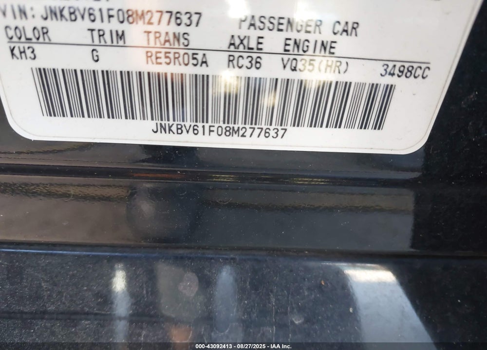 2008 INFINITI G35X VIN: JNKBV61F08M277637