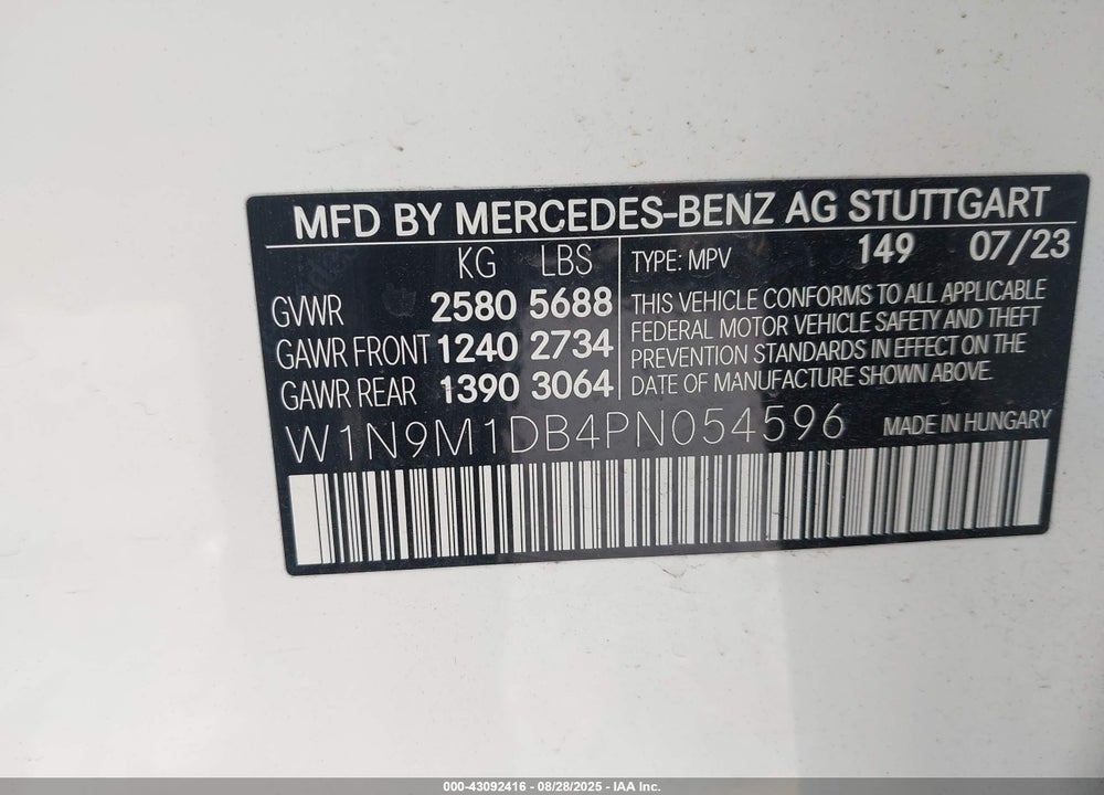 2023 MERCEDES-BENZ EQB VIN: W1N9M1DB4PN054596
