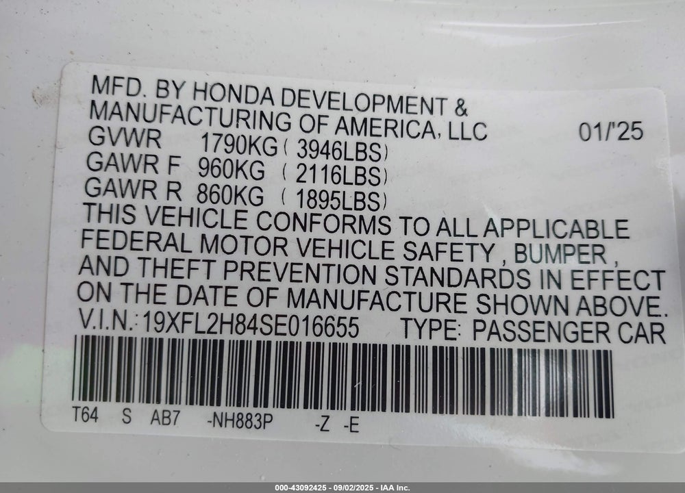 2025 HONDA CIVIC VIN: 19XFL2H84SE016655