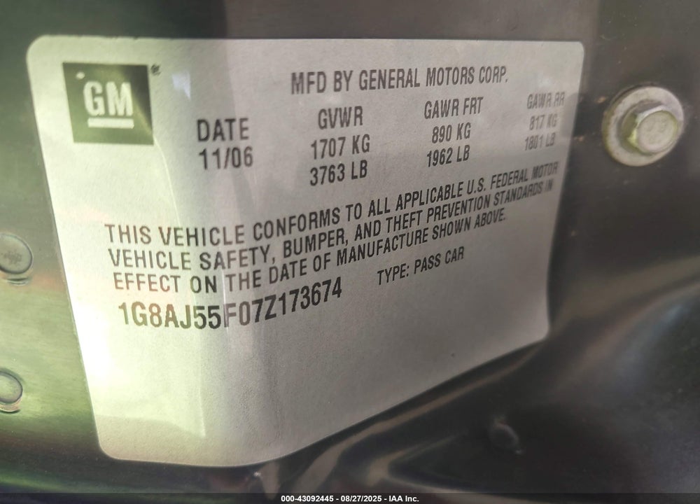 2007 SATURN ION VIN: 1G8AJ55F07Z173674