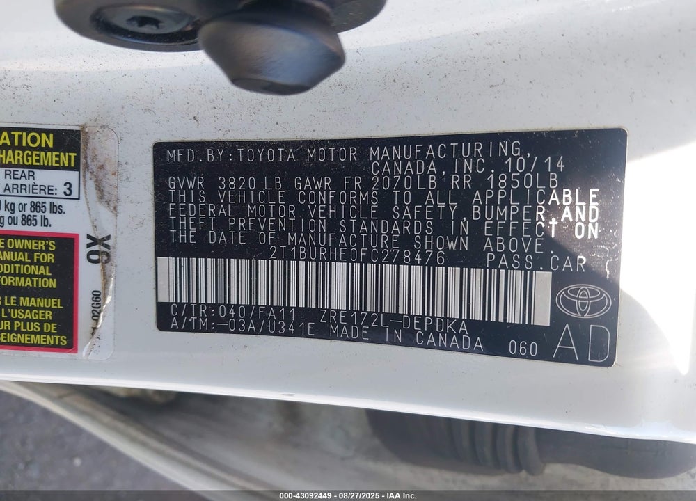 2015 TOYOTA COROLLA L VIN: 2T1BURHE0FC278476