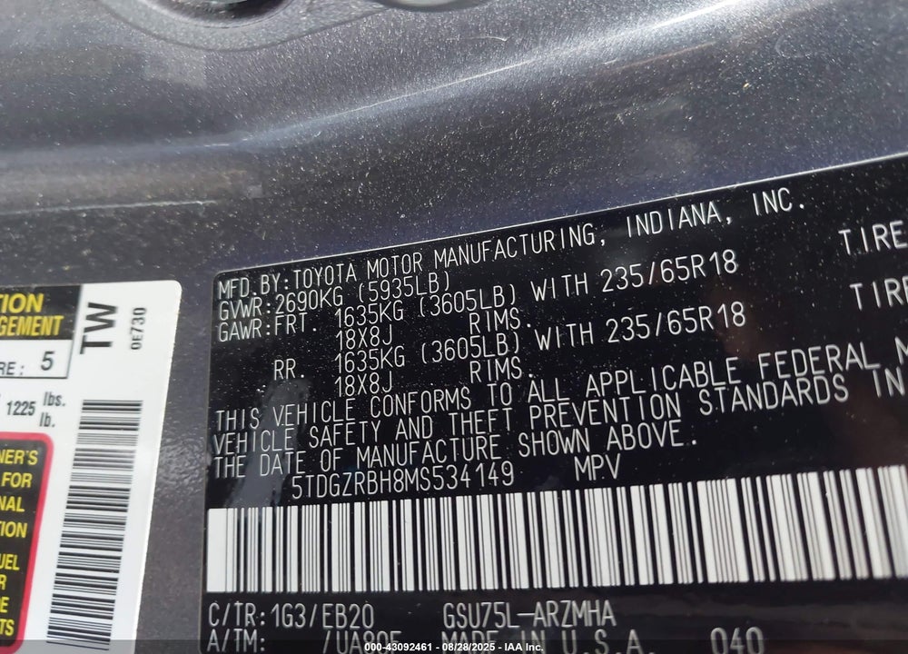 2021 TOYOTA HIGHLANDER VIN: 5TDGZRBH8MS534149