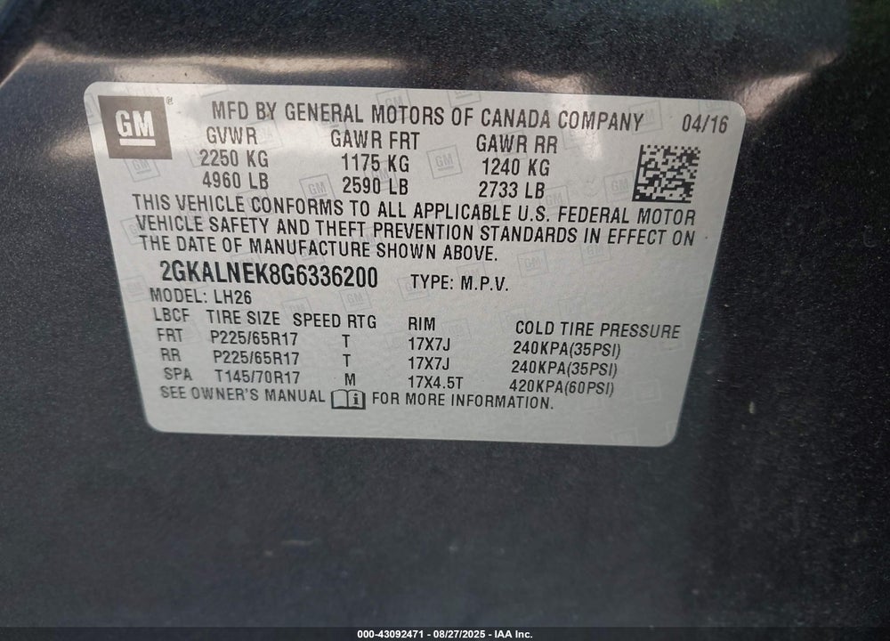 2016 GMC TERRAIN VIN: 2GKALNEK8G6336200