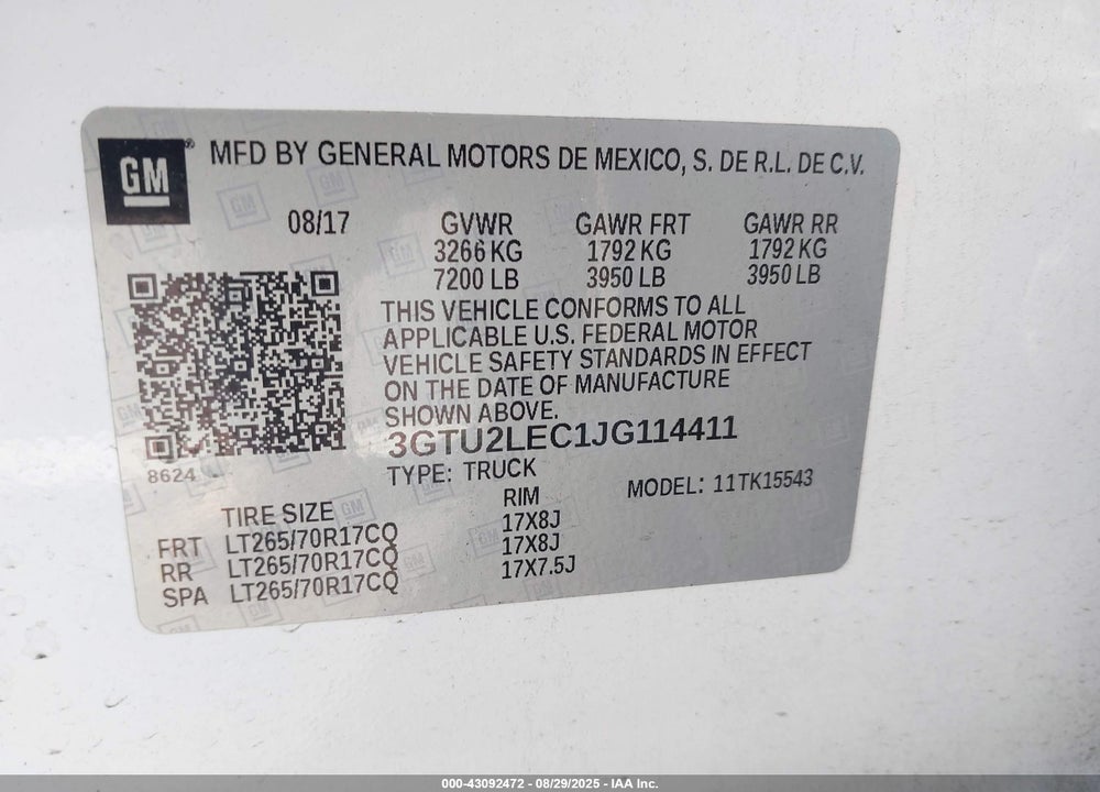 2018 GMC SIERRA 1500 VIN: 3GTU2LEC1JG114411