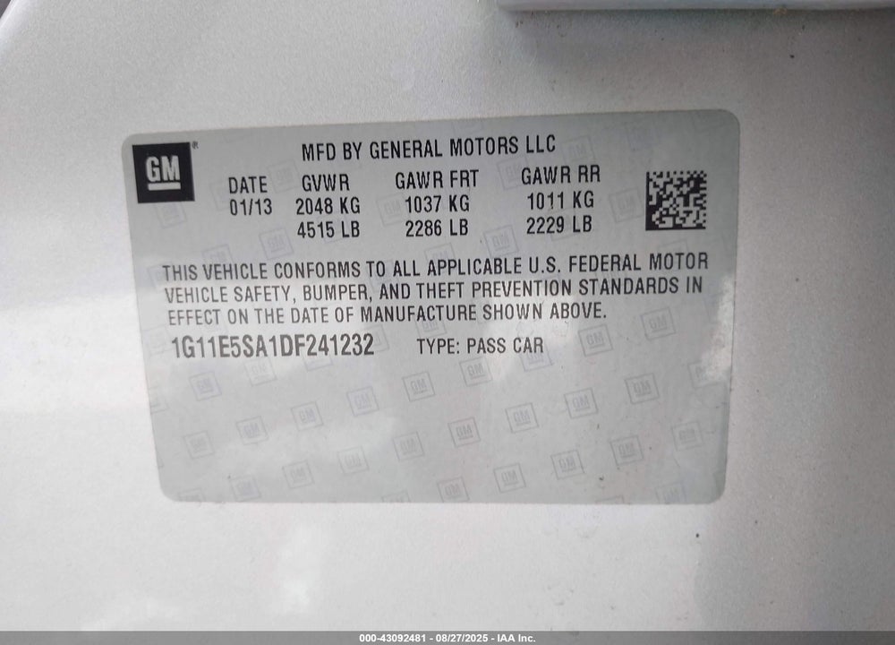 2013 CHEVROLET MALIBU VIN: 1G11E5SA1DF241232