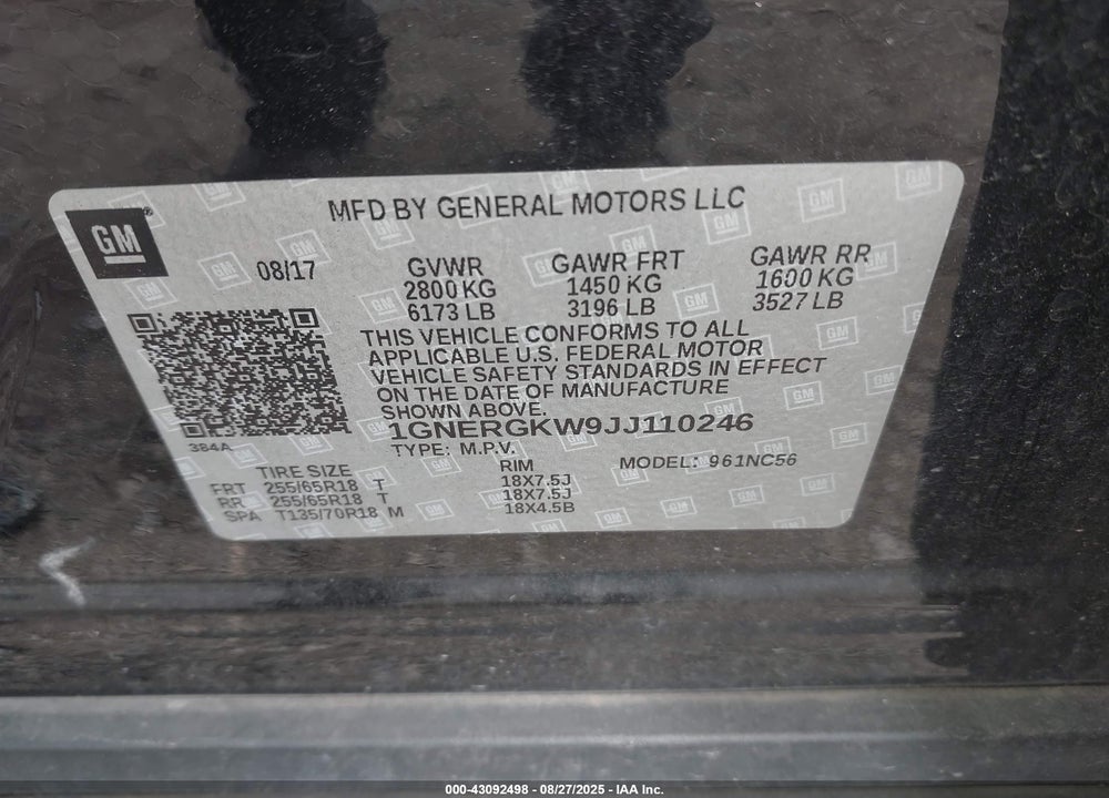 2018 CHEVROLET TRAVERSE 1LT VIN: 1GNERGKW9JJ110246