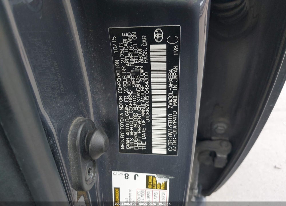 2015 TOYOTA PRIUS VIN: JTDKN3DU5F0484300