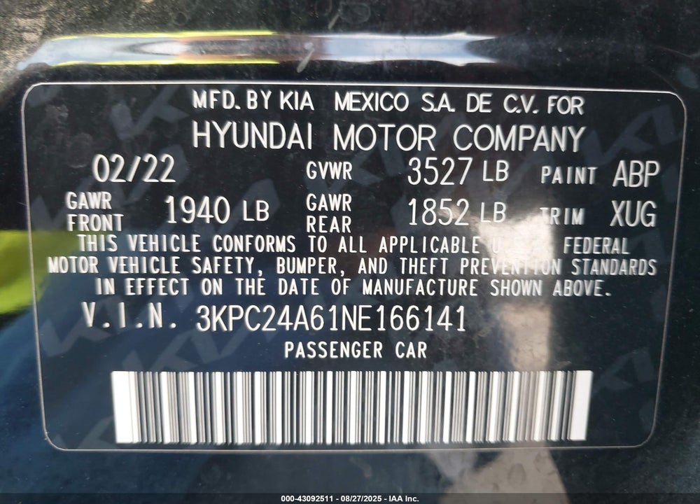 2022 HYUNDAI ACCENT VIN: 3KPC24A61NE166141