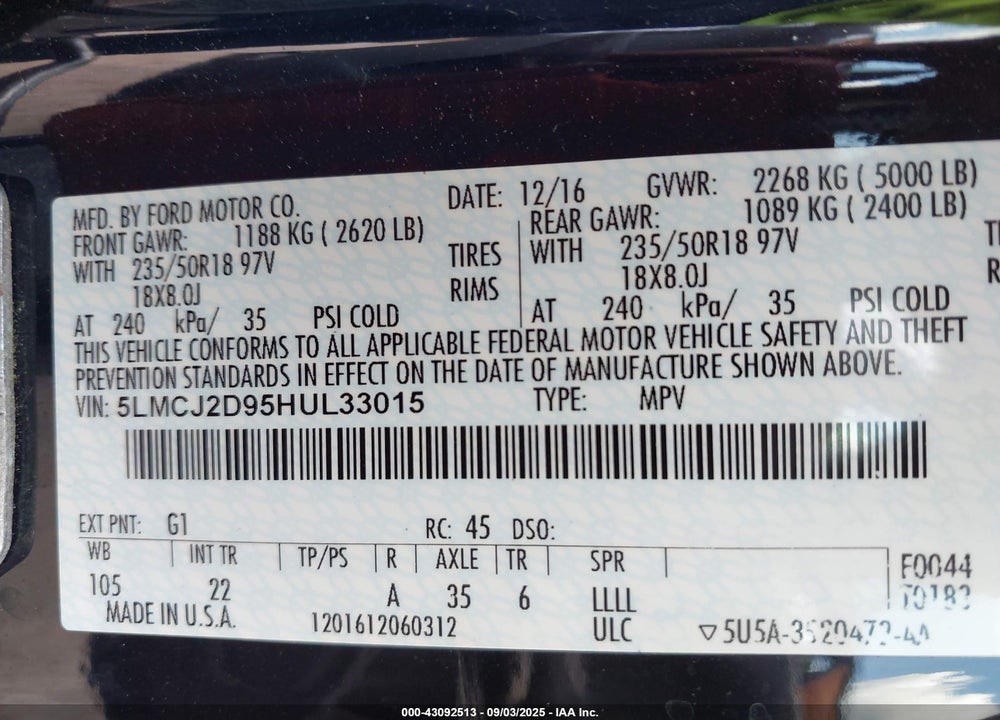 2017 LINCOLN MKC VIN: 5LMCJ2D95HUL33015